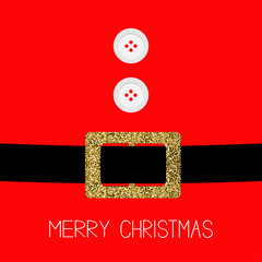 Santa Claus Coat with fur, buttons.  Gold glitter belt. Merry Christmas background card Flat design