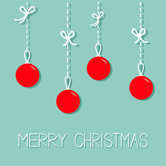 Red hanging christmas balls. Dash line with bows. Flat design. Merry Christmas greeting card. Blue background.