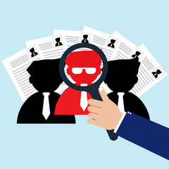 Businessman with magnifying glass selected right person for new