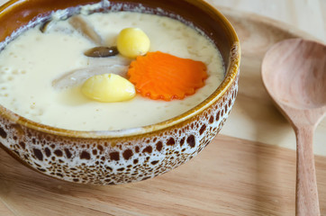 steamed egg on wood background
