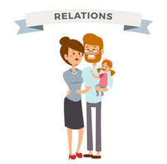 Small girl, woman and man happy family couple