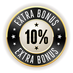 Fototapeta na wymiar Black 10% extra bonus button with gold border