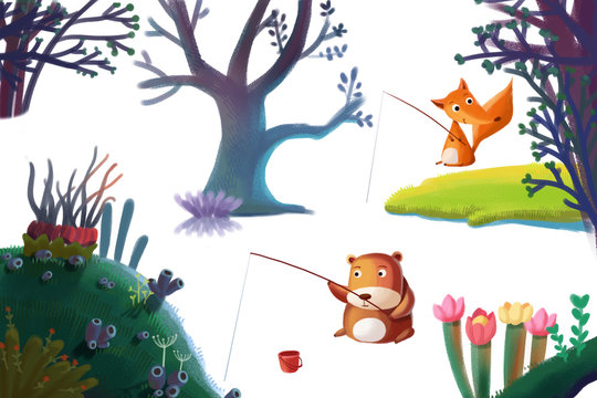 Clip Art Set: Nature Stuff: Forest Plant Tree, Animal Bear Fox, Flower Hill Island etc. Realistic Fantastic Cartoon Style Artwork / Story / Scene / Wallpaper / Background / Card Design