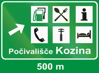 Slovenian road sign - Motorway services signboard, Pocivalisce means motorway station