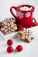 Christmas Gingerbread cookies and  hot drink  with  marshmallows 