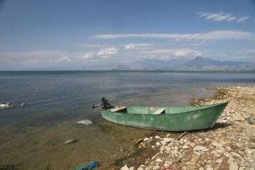 Fishing boat on the shores of Lake Skadar, Albania..