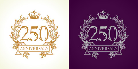 250 anniversary luxury logo. Template logotype 250 royal anniversary with a frame in the form of laurel branches and vintage number two hundred and fifty.