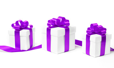 White gift box with purple ribbon bow