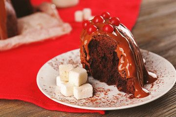 Piece of chocolate cake with snowball tree berries on a table