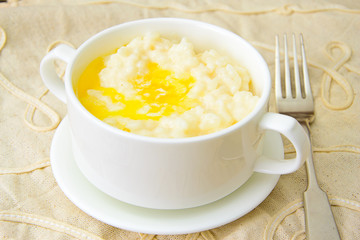 Rice Porridge with Sweet Butter, Jam and Coffee