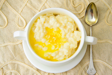 Rice Porridge with Sweet Butter, Jam and Coffee