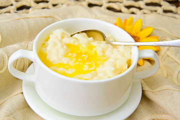 Rice Porridge with Sweet Butter, Jam and Coffee
