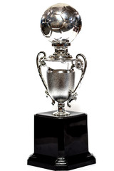 glass, silver trophy in white background : concept to the winner