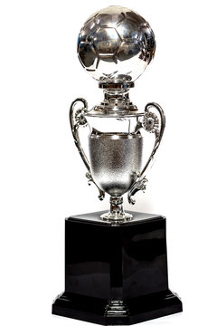 glass, silver trophy in white background : concept to the winner