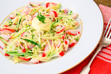 Dietary Salad with Crab Sticks, Cucumber and Cheese