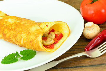 Healthy and Diet Food: Scrambled Eggs with Mushrooms and Vegetab