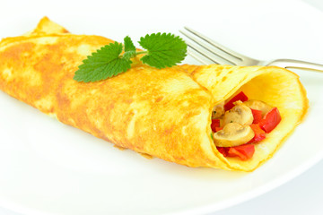 Healthy and Diet Food: Scrambled Eggs with Mushrooms and Vegetab
