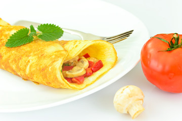 Healthy and Diet Food: Scrambled Eggs with Mushrooms and Vegetab