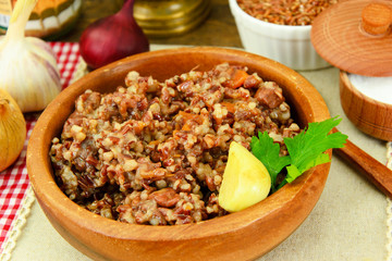 Healthy Food: Pilaf with Meat and Red Rice.