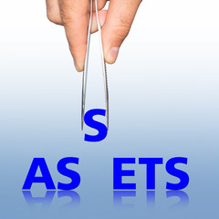 Hand with tweezers and word Assets,