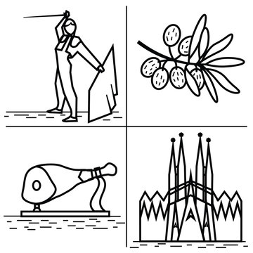 Vector  line Spain icon. Olive, torreador, jamon, Sagrada. Spanish culture 