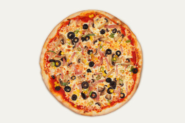 Delicious italian pizza with mozzarella cheese, bacon, sweet corn, sweet pepper, mushrooms, olives, tomatoes isolated on white background