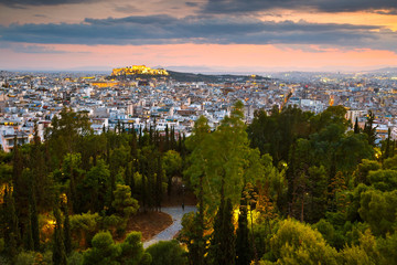 Fototapeta na wymiar View of Athens and Acropolis from Strefi Hill.