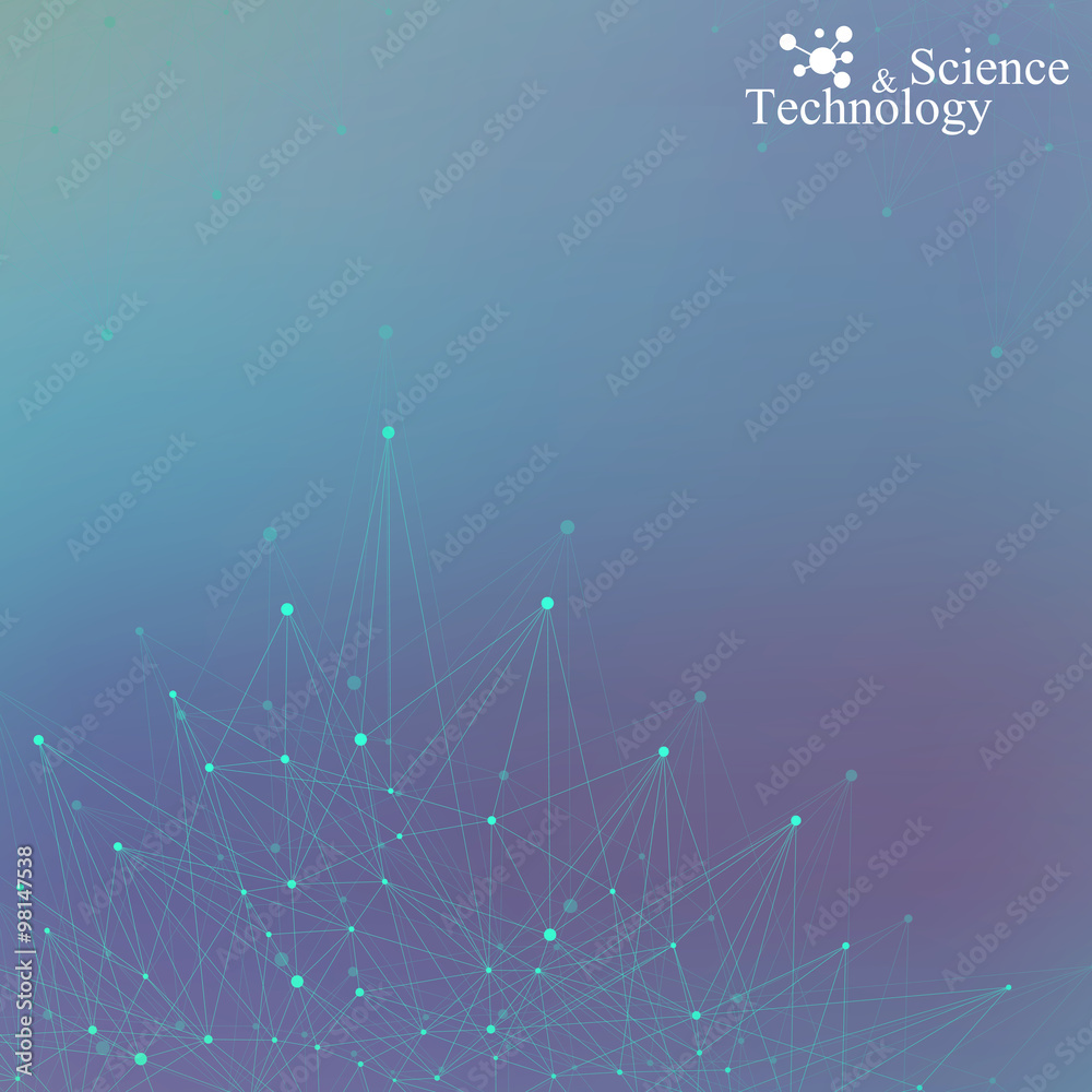Poster geometric blue background molecule and communication. connected lines with dots. vector illustration