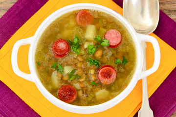 Healthy and Diet Food: Soup with Lentils and Sausage.