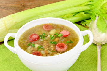 Healthy and Diet Food: Soup with Lentils and Sausage.