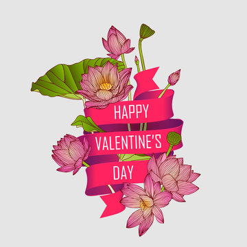Card with litus flowers and a ribbon that says: Happy Valentine's Day
