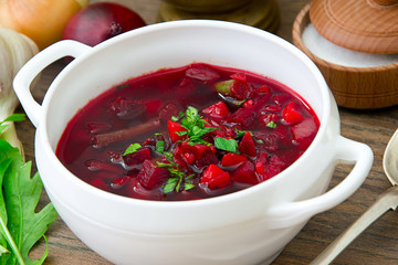Healthy and Diet Food: Soup with Beetroot and Dumplings.