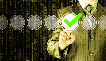 business man touching, pressing modern button with green ticking Check Box