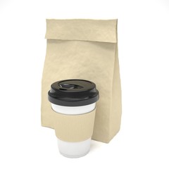 Coffee to go and lunch bag, on white.