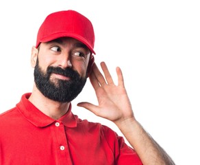 Naklejka premium Pizza delivery man listening something