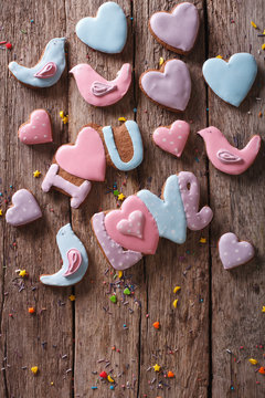 gingerbread cookies for Valentine's day on a wooden. vertical top view
