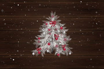 Christmas tree with decorations: balls, ribbons, stars and abstract elements. Wood background. White and red colors. Vector, EPS 10.