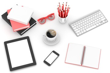 office stuff on table, workplace, top view