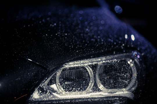 Car headlight with rain drops