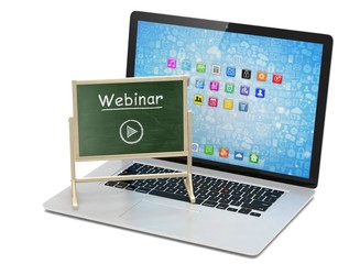Fototapeta premium Laptop with chalkboard, webinar, online education concept
