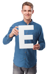 happy young man with e letter