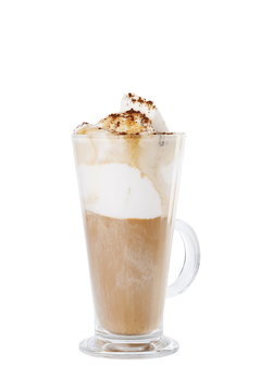cappuccino with icecream and butterscotch topping isolated on wh