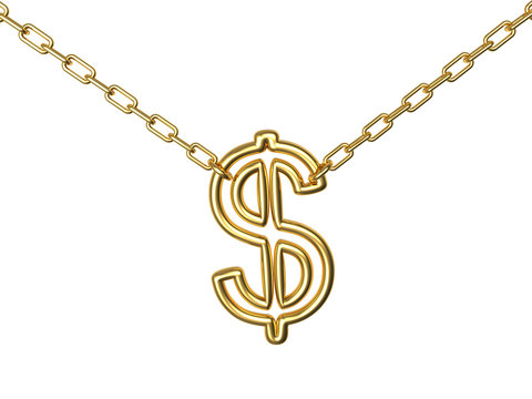Golden dollar sign on a chain isolated on white background