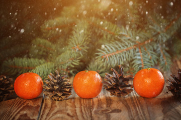 Fototapeta na wymiar Christmas New Year composition with Tangerines and Pine cones o