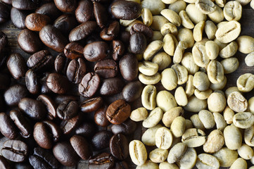 green and roasted coffee beans background