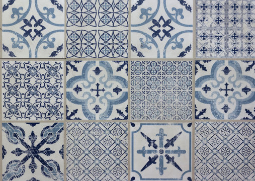 decorative tile pattern patchwork design - blue, white
