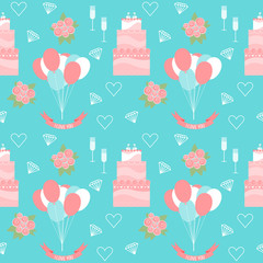 Fototapeta na wymiar wedding seamless pattern background with cakes and soft cartoon romantic decorative elements isolated on stylish blue for use in design for card, invitation, poster, banner, placard, billboard cover