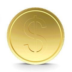 Golden coin with dollar sign isolated on white background