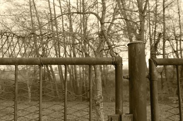 old fence with barbed wire in ochre tones