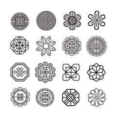 Asian ornament icon, korean, chinese, japanese vector set